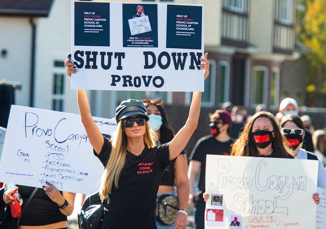 (Rick Egan  |  The Salt Lake Tribune)    Paris Hilton leads a march to the Provo Canyon School, during a rally calling for the closure of Provo Canyon School, a residential treatment center in Utah she attended when she was a teen, on Friday, Oct. 9, 2020.