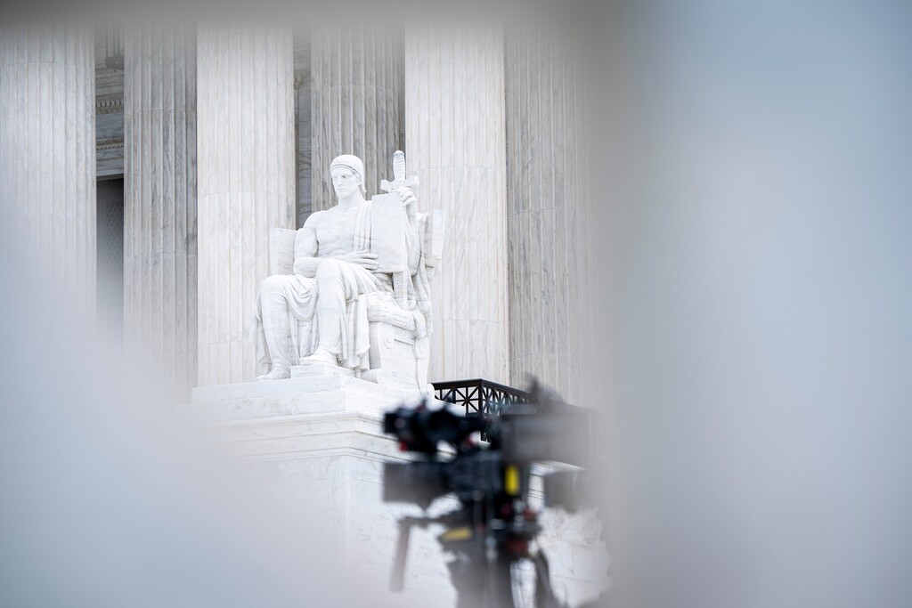A camera is set up on a tripod outside the Supreme Court in Washington on Thursday, April 25, 2024, as justices heard arguments on whether former presidents have some degree of immunity from criminal prosecution. Members of the court's conservative majority on Thursday treated former President Donald Trump's argument as a weighty and difficult question. (Haiyun Jiang/The New York Times)