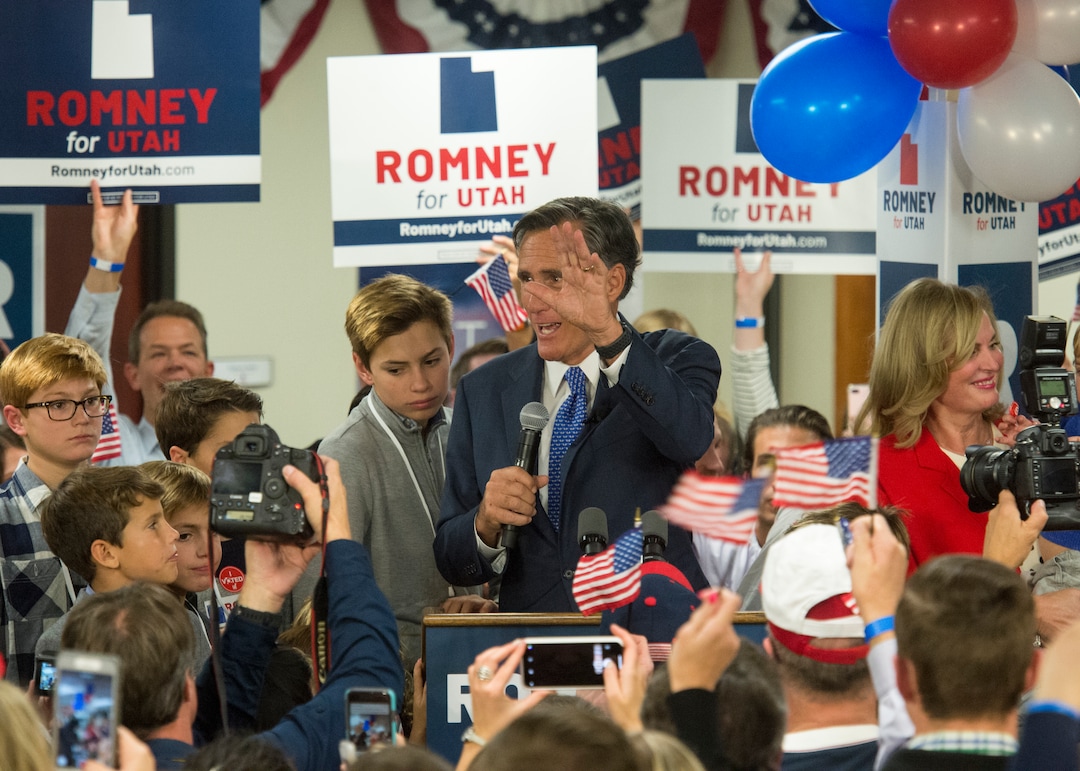 (Rick Egan  |  The Salt Lake Tribune)   Mitt Romney gives his victory speech, at the Romney Headquarters, in Orem, on election night, Tuesday, Nov. 6, 2018.