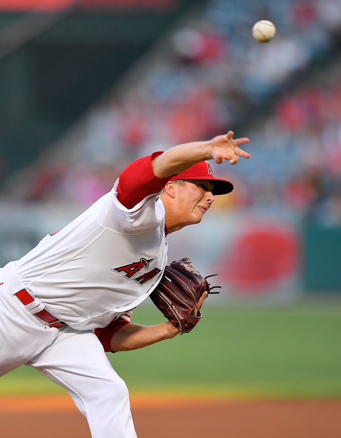 Los Angeles Angels starting pitcher Troy Scribner throws during the first inning of the team's baseball game against the Oakland Athletics, Friday, Aug. 4, 2017, in Anaheim, Calif. (AP Photo/Mark J. Terrill)