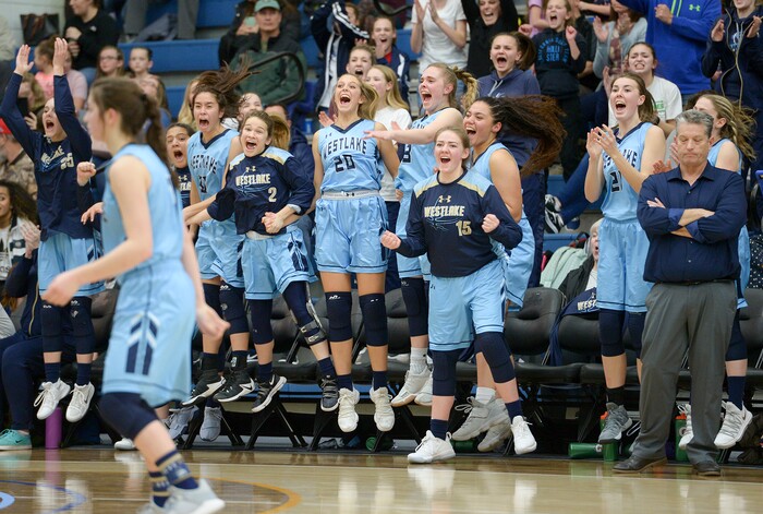 (Leah Hogsten  |  The Salt Lake Tribune) Westlake's bench celebrates Ashley Parry's (04) foul shots. Fremont defeated Westlake 54-50 in their semifinal game of the 6A High School Girls' Basketball Tournament at SLCC in Taylorsville, Friday, Feb. 23, 2018. 