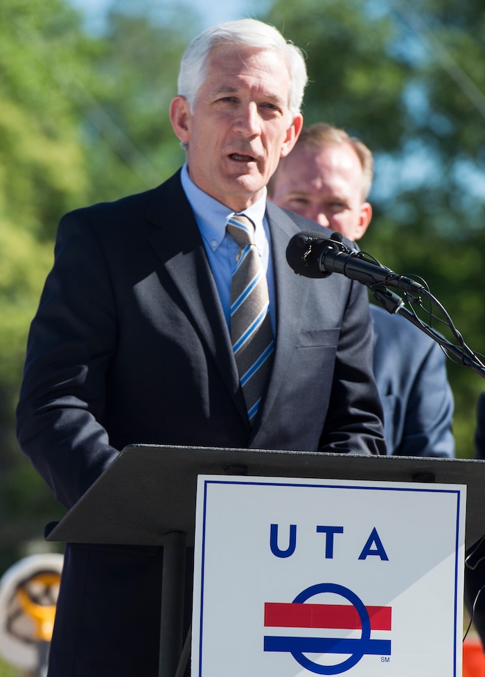 (Rick Egan  |  The Salt Lake Tribune)     UTA’s Interim Executive Director Steve Meyer, says a few words as South Salt Lake and other dignitaries met together to break ground on construction of UTA’s S-Line double track project, on 300 East and 2233 South, Monday, June 11, 2018.