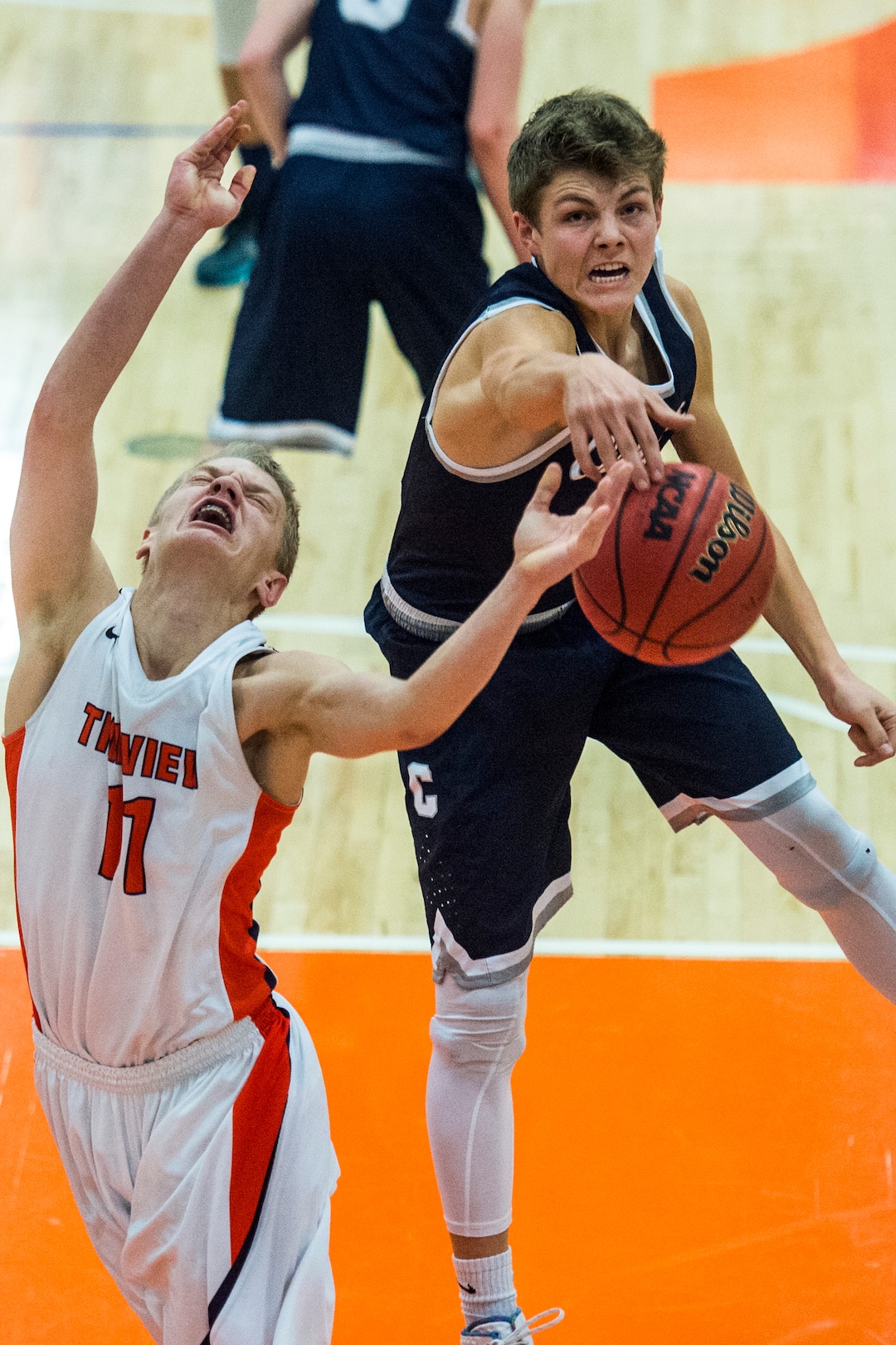 Chris Detrick  |  The Salt Lake TribuneTimpview's Levi Wilson (11) is fouled by Corner Canyon's Zach Wilson (1) during the game at Timpview High School Friday January 22, 2016. 