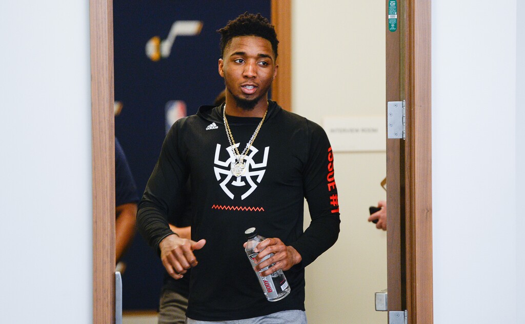 (Francisco Kjolseth  |  The Salt Lake Tribune)  Donovan Mitchell of the Utah Jazz speaks with the media following their season-ending game at the team practice facility on Thursday, April 25. 2019.