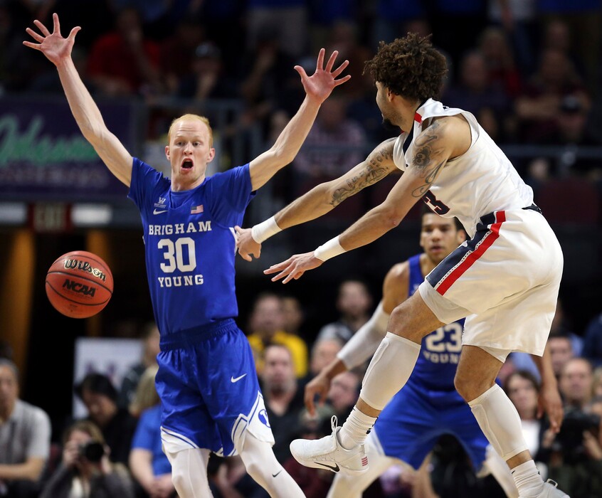 Junior guard TJ Haws, pictured here, and senior forward Luke Worthington are BYU's basketball captains for the 2018-19 season, coach Dave Rose announced Tuesday. (AP Photo/Isaac Brekken)