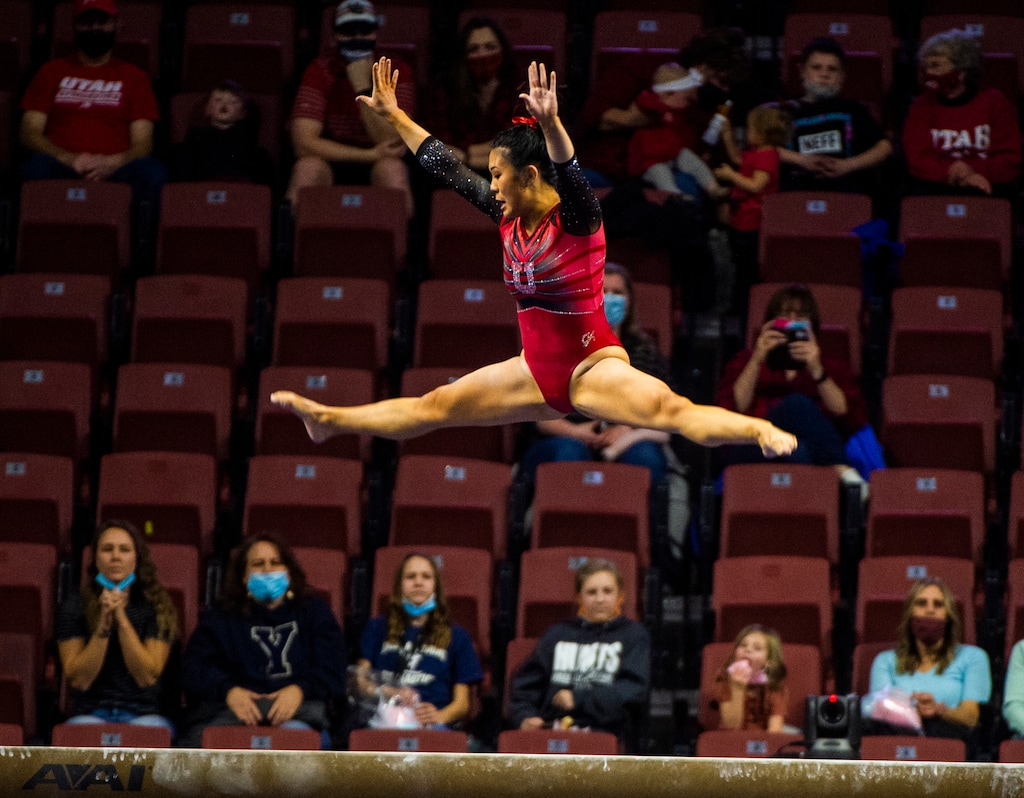 (Rick Egan | The Salt Lake Tribune) Cristal Isa competes on the beam for Utah in the Best of Utah gymnastics meet at the Maverik Center on Saturday, Jan. 9, 2021.