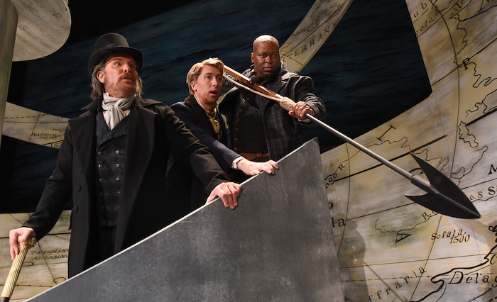 (Francisco Kjolseth  |  The Salt Lake Tribune)  Cast of Utah Opera's "Moby-Dick," Roger Honeywell as Captain Ahab, Musa Ngqungwana as Queequeg and Joshua Dennis as Greenhorn, the narrator, who, unlike in the novel, doesn't ask us to call him Ishmael until the very end of the opera, come together on the large set.