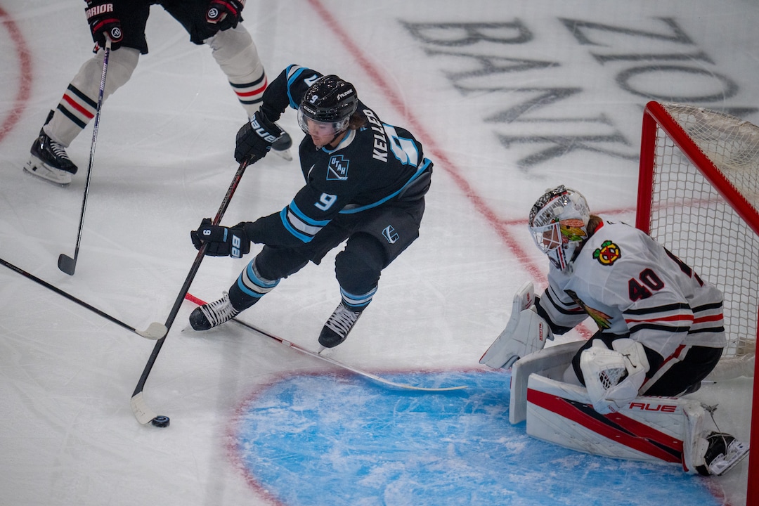(Trent Nelson  |  The Salt Lake Tribune) Utah Mammoth right wing Clayton Keller (9) and Chicago Blackhawks goaltender Arvid Soderblom (40) as the Utah Mammoth host the Chicago Blackhawks, NHL hockey in Salt Lake City on Thursday, Oct. 1, 2026.