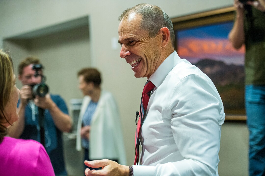 (Chris Detrick  |  The Salt Lake Tribune)  Provo Mayor John Curtis reacts while learning he is up seven points in Salt Lake County during his election night party at the Provo Marriott Hotel & Conference Center Tuesday, August 15, 2017. 