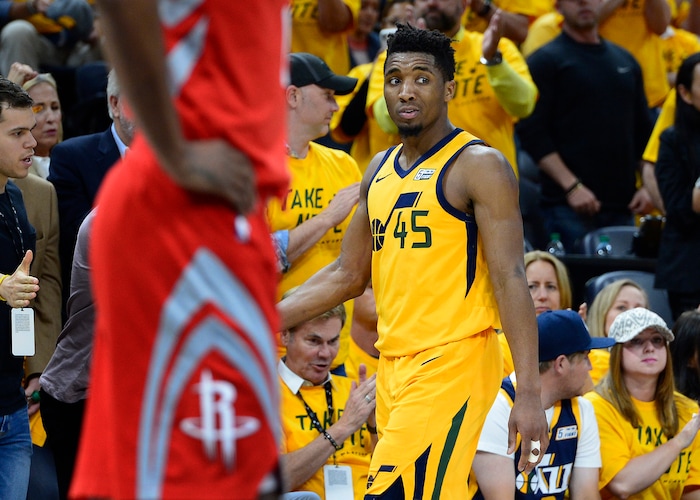(Scott Sommerdorf | The Salt Lake Tribune)
Utah Jazz guard Donovan Mitchell (45) shoots a look back at the Rockets after having to leave the game after his sixth foul. The Rockets beat the Jazz 100-87, Sunday, May 6, 2018.