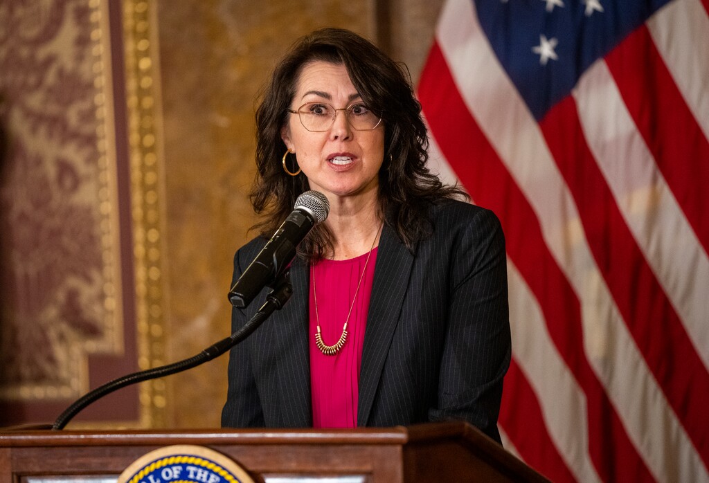 (Rick Egan | The Salt Lake Tribune)  Utah Lieutenant Governor Deidre Henderson makes a comment during a news conference, on the final day of the legislative session, on Friday, March 3, 2023. Legislative leaders suggested Monday, July 3, 2023, that Henderson erred by allowing Celeste Maloy on the ballot for this fall's special congressional election.