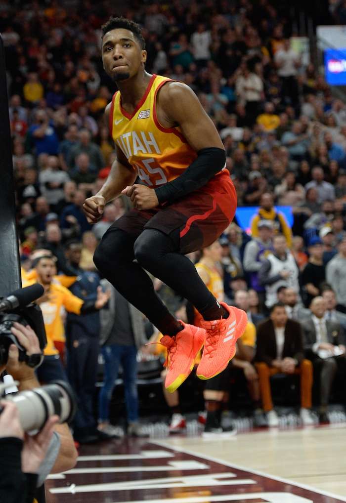 (Francisco Kjolseth  |  The Salt Lake Tribune)  Utah Jazz guard Donovan Mitchell (45) jumps in frustration over a call while playing the Pistons in the second half of their NBA game at Vivint Smart Home Arena Monday, Jan. 14, 2019, in Salt Lake City agains the Pistons.