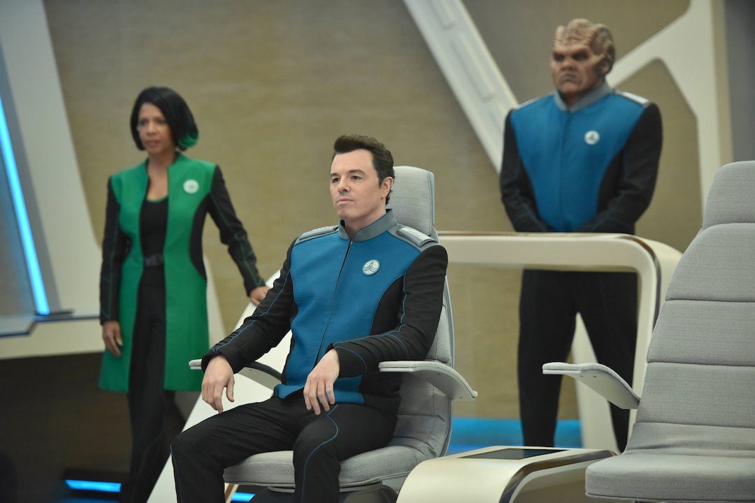 (Photo credit: Michael Becker/Fox) Penny Johnson Jerald, Seth MacFarlane and Peter Macon on the bridge of the U.S.S. Orville.