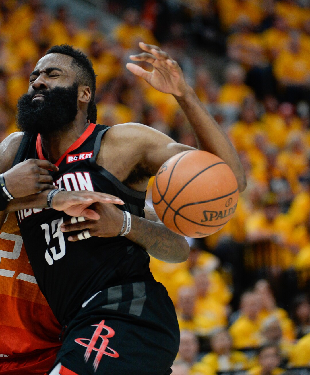 (Francisco Kjolseth  |  The Salt Lake Tribune)  Houston Rockets guard James Harden (13) is fouled by Utah Jazz forward Royce O'Neale (23) in Game 3 of a first-round NBA basketball playoff series in Salt Lake City, Saturday, April 20, 2019.