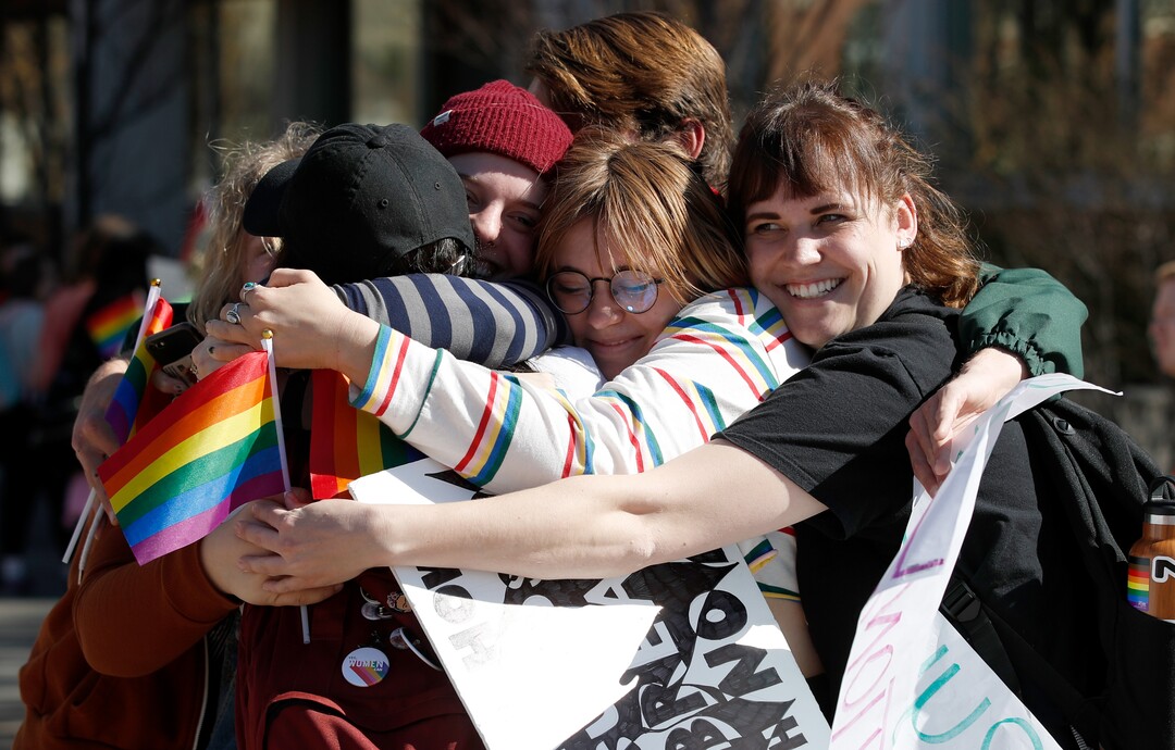 (George Frey  |  special to The Salt Lake Tribune) BYU students and others gather in front of the Ernest L. Wilkinson Student Center on the campus of Brigham Young University to protest BYUÕs rollback of a newly announced policy change on LGBTQ students on March 5, 2020 in Provo, Utah.