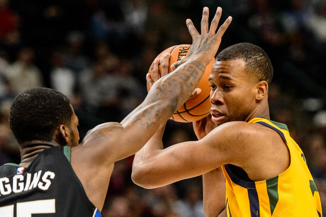 (Trent Nelson | The Salt Lake Tribune)  Utah Jazz guard Rodney Hood (5) defended by Milwaukee Bucks guard DeAndre Liggins (25) as the Utah Jazz host the Milwaukee Bucks, NBA basketball in Salt Lake City Saturday November 25, 2017.