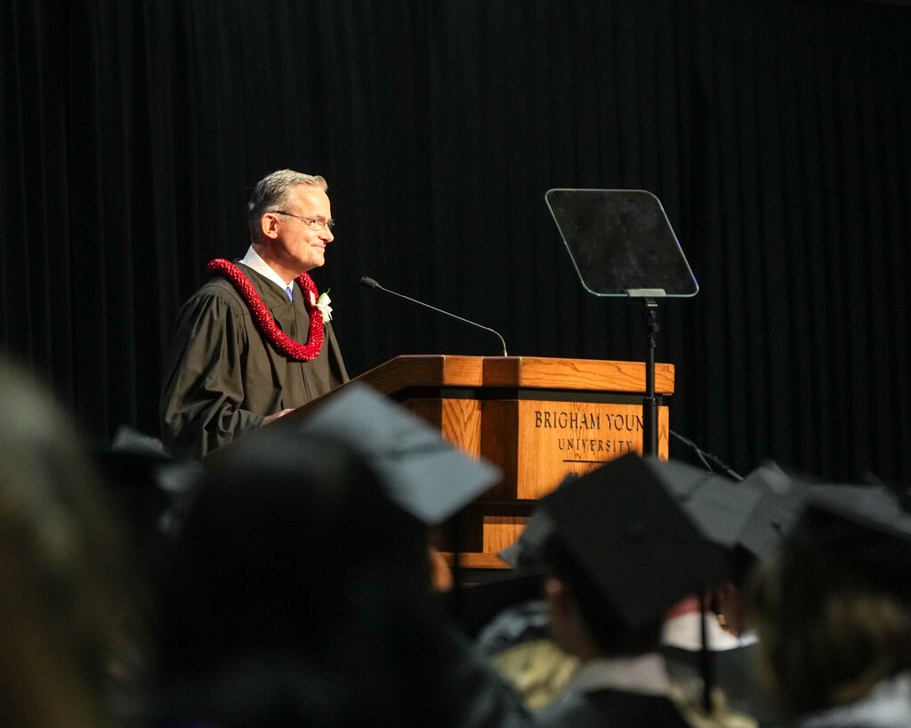 (The Church of Jesus Christ of Latter-day Saints) Newly named apostle Patrick Kearon speaks at the fall commencement at Brigham Young University-Hawaii in Laie on Friday, Dec. 8, 2023.