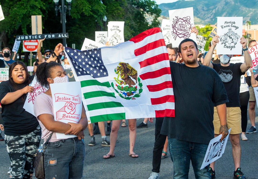 (Rick Egan  |  The Salt Lake Tribune)    Protesters stop on State Street during a Justice for Bernardo protest on Wednesday, June 24, 2020.