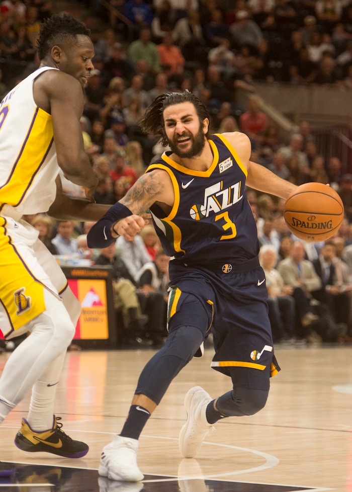 (Rick Egan  |  The Salt Lake Tribune) Utah Jazz guard Ricky Rubio (3) is foiled by Los Angeles Lakers forward Julius Randle (30), in NBA action in Salt Lake City, Saturday, October 28, 2017.