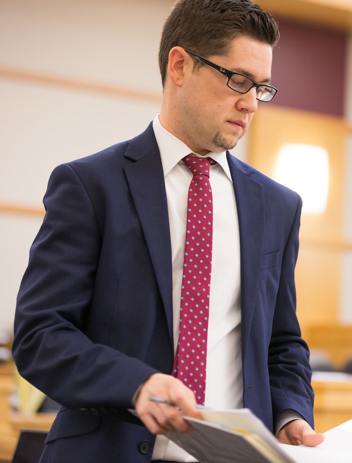 Tim Carpenter  |  Pool Photo

Cache County Prosecutor Spencer Walsh finishes questioning a witness in the 1st District Court on Thursday Ñ the second day of former Utah State University linebacker Torrey Green's three-day preliminary hearing. Green is charged with six counts of rape, one count of aggravated kidnapping, three counts of forcible sex abuse and two counts of object rape.