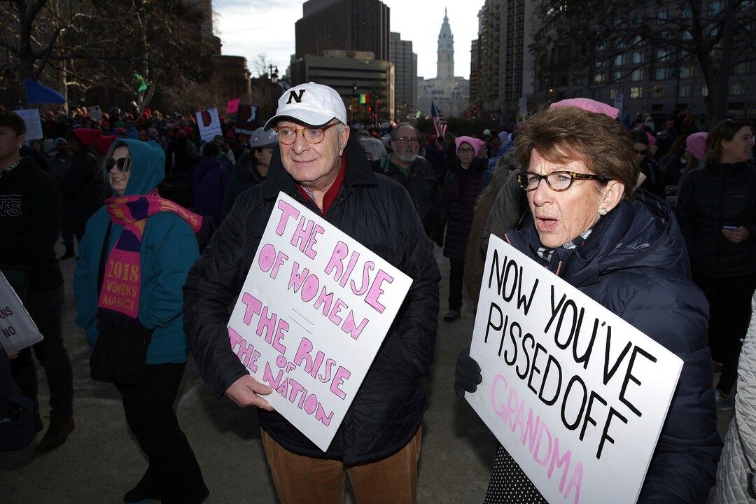 Jay and Peggy Chiappa, of Malvern, Pa., gather at the start of the Women's March in Philadelphia on Saturday, Jan.  20, 2018. The march is among dozens of rallies being held around the country. The activists are hoping to create an enduring political movement that will elect more women to government office. (David Maialetti /The Philadelphia Inquirer via AP)