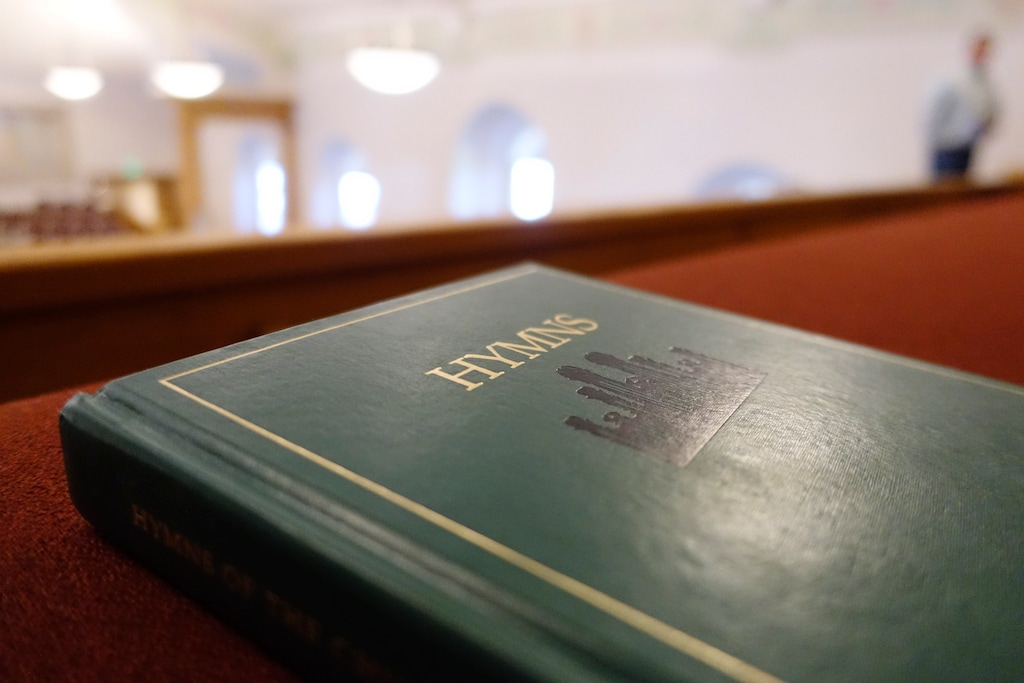 (Lennie Mahler  |  The Salt Lake Tribune) A book of LDS hymns lies on a pew at the Manti Tabernacle on Friday, Sept. 11, 2015.