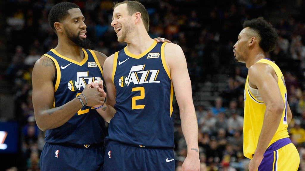 (Francisco Kjolseth  |  The Salt Lake Tribune) Utah Jazz forward Royce O'Neale (23) celebrates with Utah Jazz forward Joe Ingles (2) during their win in the final minutes as the Utah Jazz face the Los Angeles Lakers in their NBA game at Vivint Smart Home Arena Wed., March 27, 2019, in Salt Lake City.