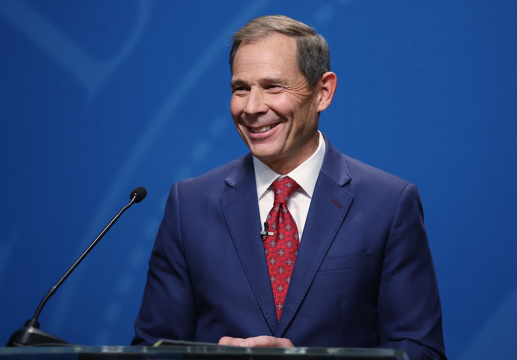 (Jeffrey D. Allred | Pool) Rep. John Curtis, R-Utah, speaks in 3rd Congressional District debate at KBYU Broadcasting building in Provo on Thursday, Oct. 6, 2022. 