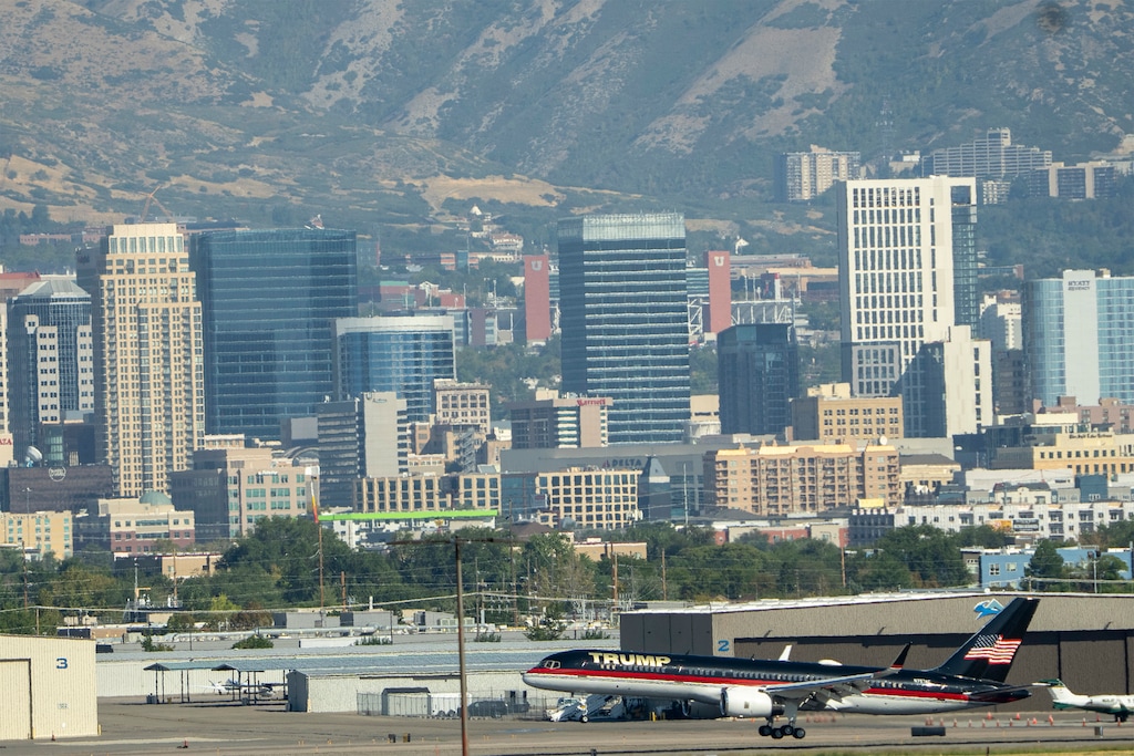 (Rick Egan | The Salt Lake Tribune)  Donald Trump's plane lands at Salt Lake City International Airport,on Saturday, Sept. 14, 2024.