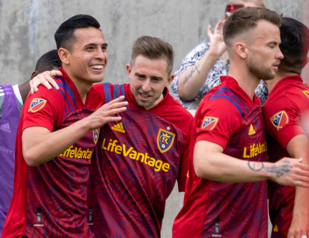 (Rick Egan | The Salt Lake Tribune) Real Salt Lake forward Rubio Rubin (14) celebrates with Real Salt Lake defender Andrew Brody (2) after scoring his second goal of the day, in MLS action between Real Salt Lake and Sporting Kansas City at Rio Tinto Stadium, on Saturday, May 1, 2021.