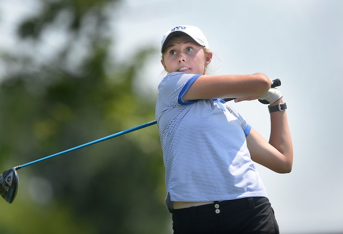 (Scott Sommerdorf   |  The Salt Lake Tribune)   Anna Kennedy (BYU) tees off on 18 during the 111th Utah Womens State Amateur Championship held at Davis Park Golf Course in Fruit Heights, Friday, August 4, 2017. Kennedy finished second to Kelsey Chugg of Weber State.