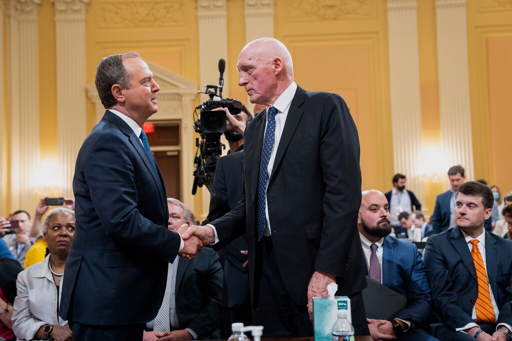 (Doug Mills | The New York Times)

Rep. Adam Schiff, D-Calif., shakes hands with Rusty Bowers, Arizona state House Speaker, during a break of the fourth hearing held by the House committee investigating the Jan. 6, 2021 attack on the Capitol, in Washington on Tuesday, June 21, 2022. During the hearing, Bowers described his fear when a man bearing the mark of an extremist group appeared in his neighborhood with a gun.