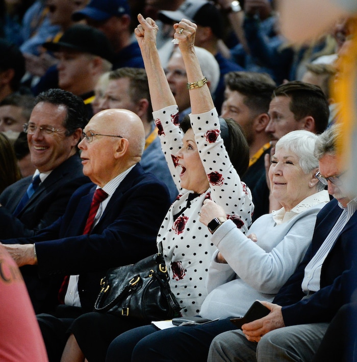 (Francisco Kjolseth  |  The Salt Lake Tribune)  Dallin H. Oaks, first counselor to the president of The Church of Jesus Christ of Latter-day Saints, and his wife June, cheer on the Utah Jazz Dunk team during a time out alongside Jazz owner Gail Miller as the Utah Jazz host the Denver Nuggets in their NBA game at Vivint Smart Home Arena Tuesday, April 9, 2019, in Salt Lake City.