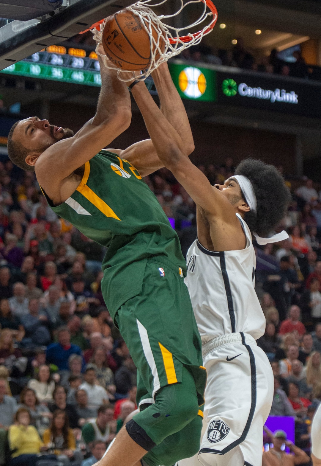 (Rick Egan  |  The Salt Lake Tribune)   Utah Jazz center Rudy Gobert (27) dunks the ball over Brooklyn Nets center Jarrett Allen (31) in NBA action between Utah Jazz and Brooklyn Nets at Vivint Smart Home Arena, Saturday, March 16, 2019.
