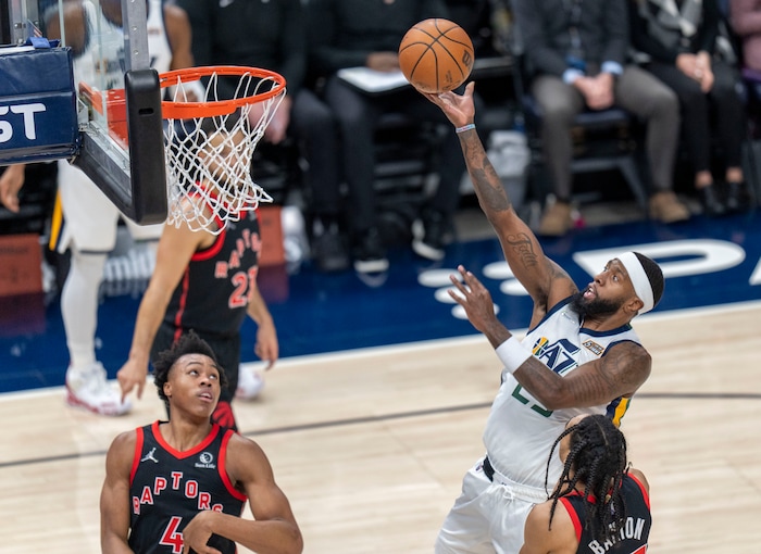 (Rick Egan | The Salt Lake Tribune) Utah forward Royce O'Neale (23) goes in for a layup for the Jazz, in NBA action between Utah Jazz and Toronto Raptors, at Vivint Arena, in Salt Lake City, on  Thursday, Nov. 18, 2021.