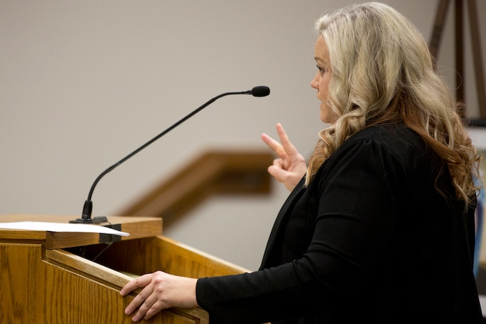 Christine Scott, a prosecuting attorney, speaks during Tyerell Przybycien's sentencing in the 4th District Court on Friday, Dec. 7, 2018, in Provo.