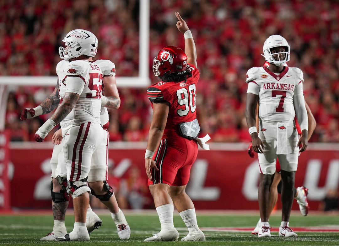(Bethany Baker  |  The Salt Lake Tribune) Utah Utes defensive tackle Jireh Moe (90) reacts during the game between the Utah Utes and the Arkansas Razorbacks in Salt Lake City on Saturday, Sept. 12, 2026.