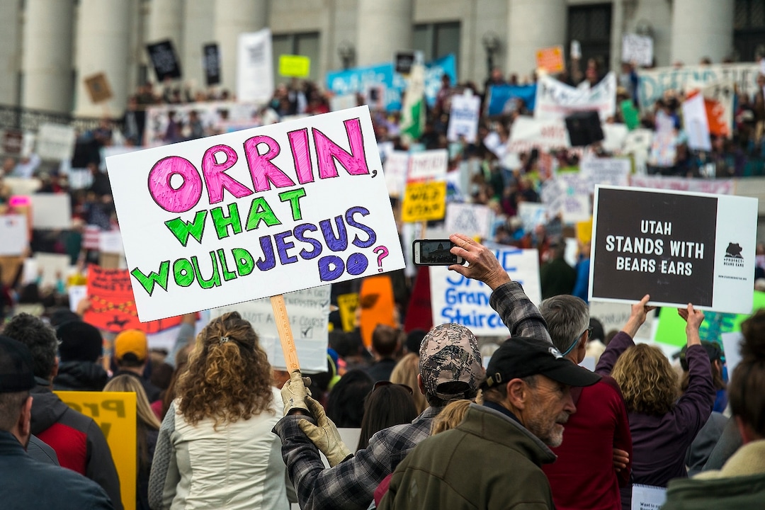 (Chris Detrick  |  The Salt Lake Tribune) Supporters of the Bears Ears and Grand Staircase-Escalante National Monuments rally at the Utah State Capitol Saturday, December 2, 2017.  Utah Highway Patrol estimated 5,000 people attended the rally. 