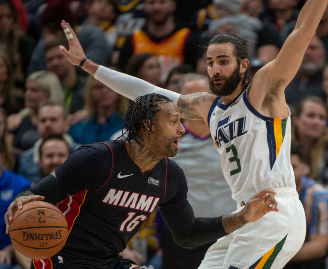 (Rick Egan  |  The Salt Lake Tribune)     Miami Heat forward James Johnson (16) tries to work the ball inside, as Utah Jazz guard Ricky Rubio (3) defends, in NBA action between Utah Jazz and Miami Heat, at Viint Smart Home Arena Wednesday, Dec. 12, 2018.