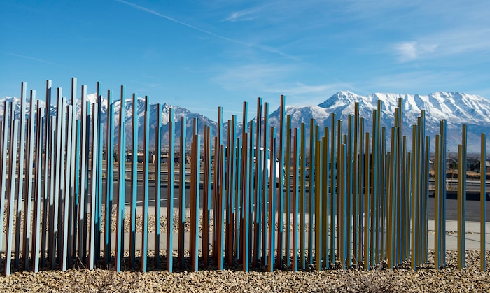 (Rick Egan | The Salt Lake Tribune)  A sculpture entitled "Dynamic Landscape" by Rob and Shelly Beishline outside the new state liquor and wine store in Saratoga Springs, on Monday, Nov. 16, 2020.