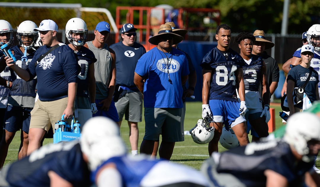 Francisco Kjolseth | The Salt Lake TribuneBYU football coach Kalani Sitake, center, begins preparations for the season with preseason training camp on Thursday, July 27, 2017, at their practice field in Provo.