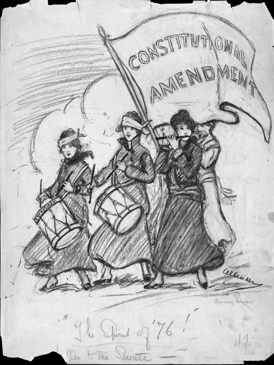 (Courtesy of National Woman's Party) Nina Allender often referenced the American Revolution, like in this 1915 drawing, to show that the same spirit was used in the fight for women's rights.