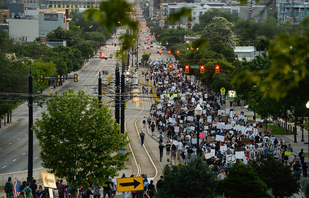 (Francisco Kjolseth  |  The Salt Lake Tribune) A large group of demonstrators protesting against police brutality travel back to downtown Salt Lake City after making the trek to the University of Utah on Wednesday, June 3, 2020, as the initially set 8 p.m. weeklong curfew was removed.