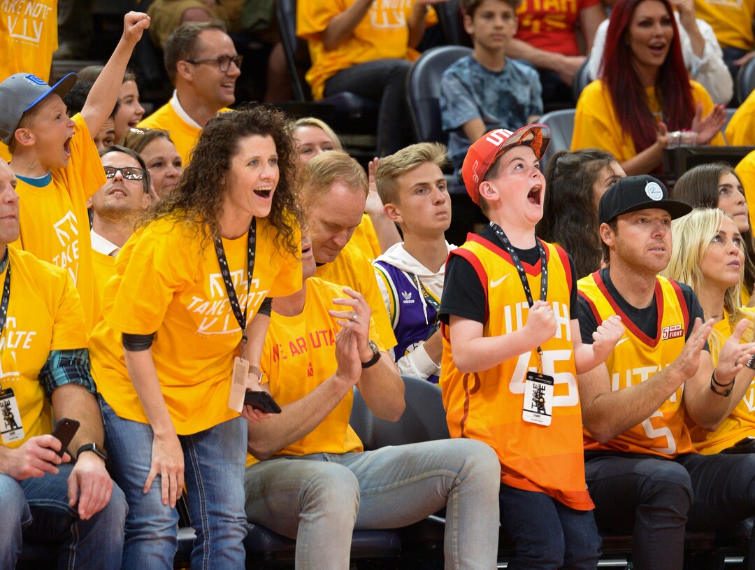 (Leah Hogsten  |  The Salt Lake Tribune) Fans cheer on a dunk by Utah Jazz center Rudy Gobert (27) as the Utah Jazz take on the Houston Rockets in Game 3 of an NBA basketball second-round playoff series Friday, May 4, 2018 in Salt Lake City.