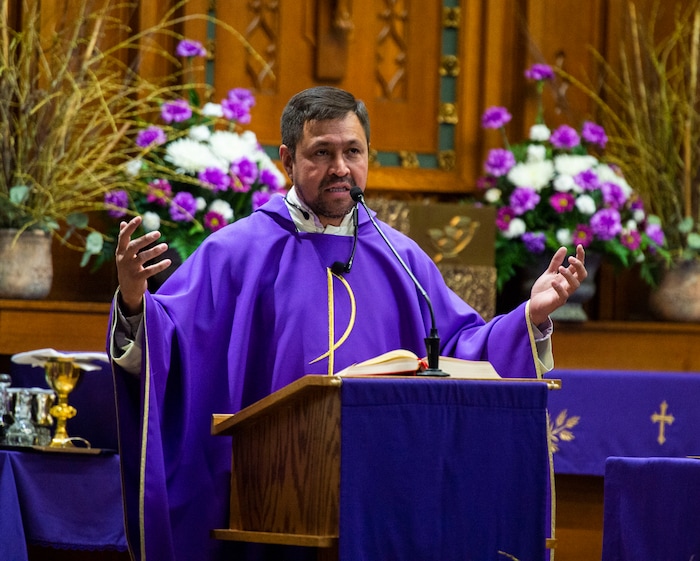(Rick Egan  |  The Salt Lake Tribune)    The Rev. Jose Fidel Barrera-Cruz conducts Ash Wednesday Mass at Our Lady of Guadalupe Church in Salt Lake City on Wednesday, March 6, 2019.