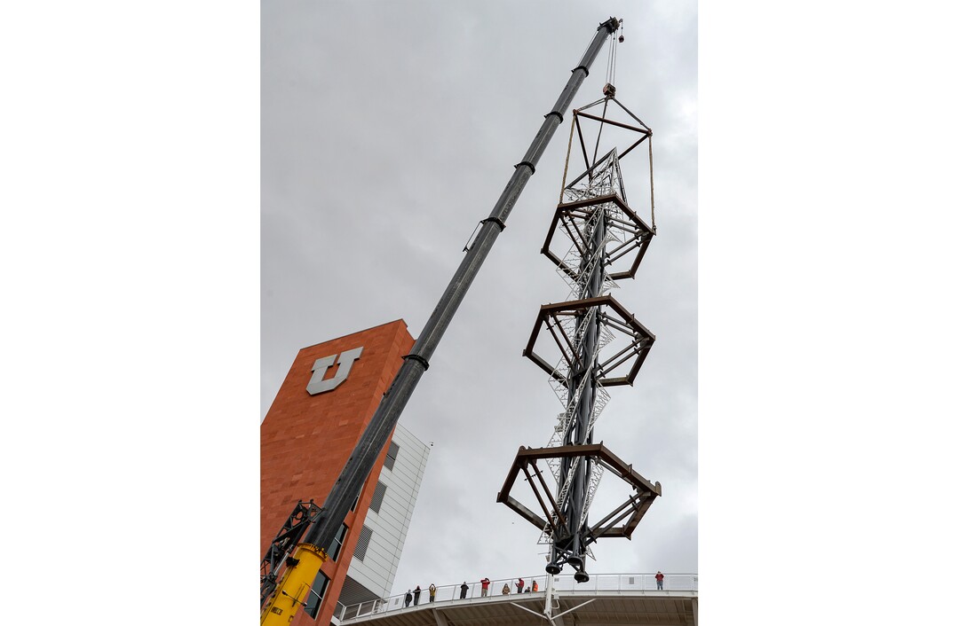 (Francisco Kjolseth  |  The Salt Lake Tribune) The Olympic cauldron is returned to the University of Utah on Friday, Jan. 29, 2021, after a refurbishment to lengthen its life span. Removed in February 2020, the cauldron was transported to an off-site location, where all 738 glass panes were removed and the complete structure was sandblasted and refinished. The refurbished structure was placed on a newly constructed, 17-foot-tall pedestal, just north of the stadium ticket office, with plans to add high-quality glass.