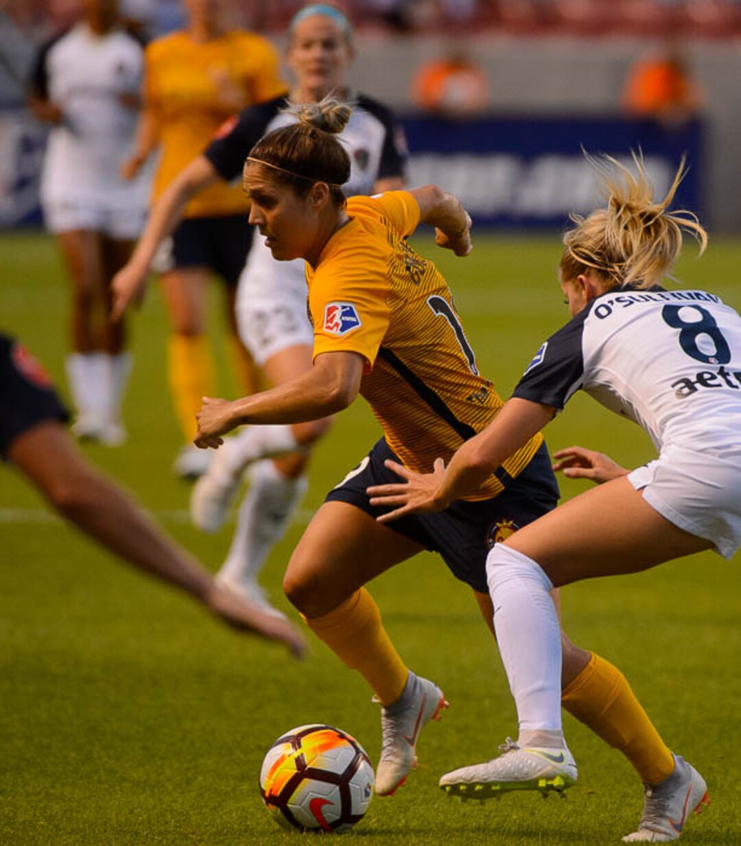 (Trent Nelson | The Salt Lake Tribune)  Utah Royals FC host North Carolina Courage, NWSL soccer at Rio Tinto Stadium in Sandy, Friday July 20, 2018. Utah Royals FC midfielder Katrina Gorry (19) and North Carolina Courage midfielder Denise O'Sullivan (8).