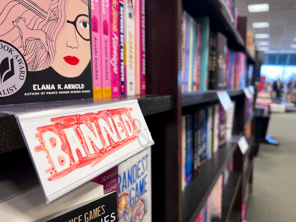 (Bethany Baker  |  The Salt Lake Tribune) A sign indicates a book for sale at Barnes and Noble that has been banned in Utah public schools in Salt Lake City Saturday, Dec. 14, 2024.