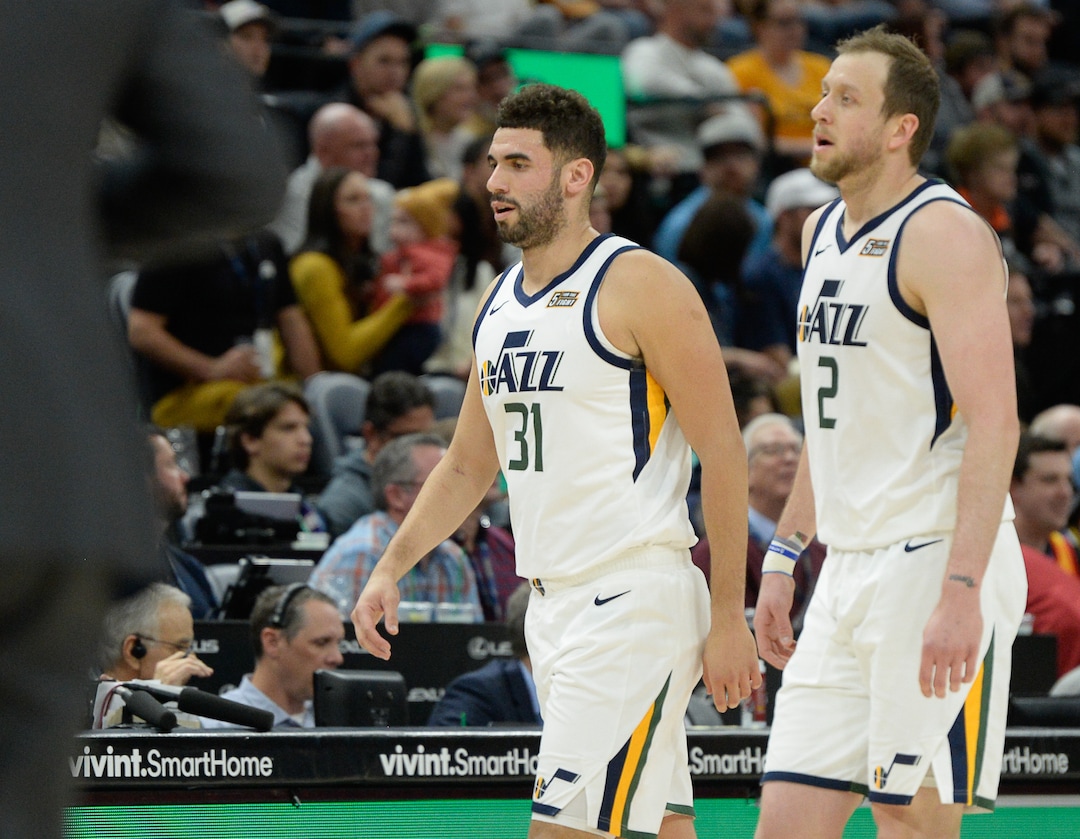 (Francisco Kjolseth  |  The Salt Lake Tribune)  Utah Jazz forward Georges Niang (31) and Utah Jazz forward Joe Ingles (2) take a time out as the Utah Jazz host the Oklahoma City Thunder in their NBA basketball game at Vivint Smart Home Arena in Salt Lake City on Mon. Dec. 9, 2019.