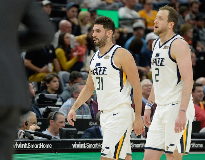 (Francisco Kjolseth  |  The Salt Lake Tribune)  Utah Jazz forward Georges Niang (31) and Utah Jazz forward Joe Ingles (2) take a time out as the Utah Jazz host the Oklahoma City Thunder in their NBA basketball game at Vivint Smart Home Arena in Salt Lake City on Mon. Dec. 9, 2019.